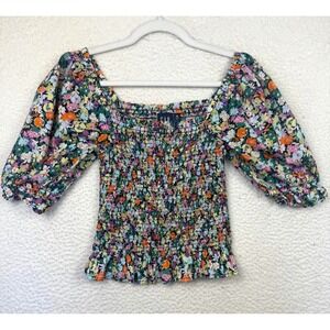 Gap Blouse Womens XS Floral Smocked Puff Sleeve Ruffle Cottagecore‎ Boho Revival